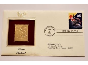 Vintage 1993 Circus Elephant 22K Gold Replica Stamp First Day Issue Cover  Lot 128
