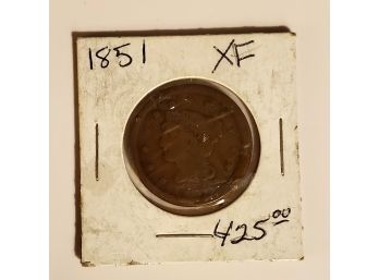Old 1851 Large Cent One Penny Coin $1 Start Bid No Reserve Bid Now! Lot #1