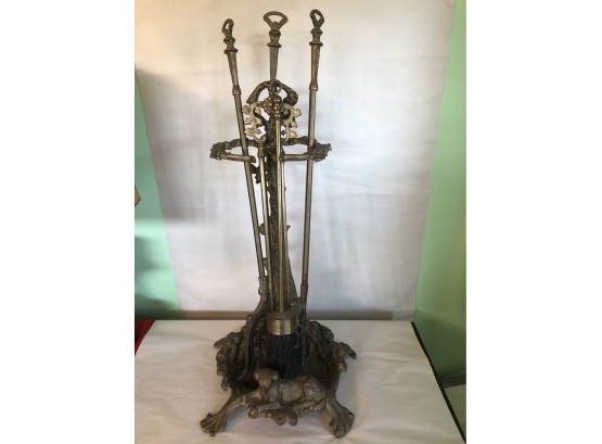 Vintage Brass Fireplace Tool Set In Holder With Resting Dog Figure