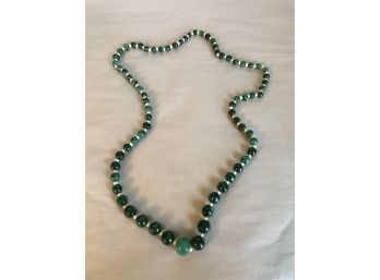 Long 30' Strand Of Malachite And White Bead Necklace