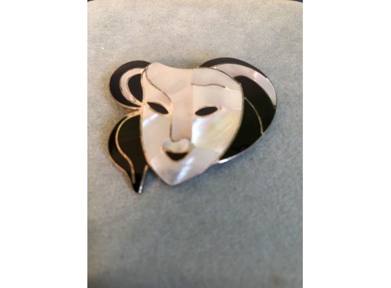 Great Vintage  Mother Of Pearl Enamel  Mask Pin/Pendant