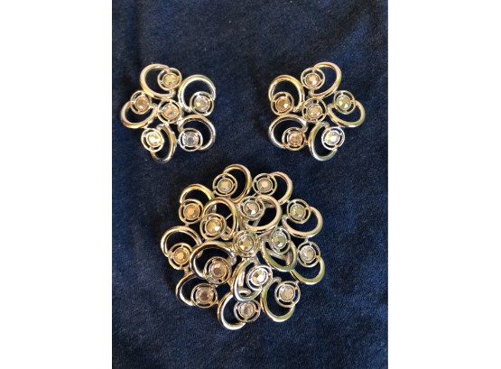 Large Rhinestone Sarah Coventry Pin And Clip Earring Set