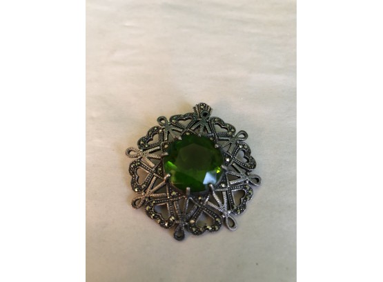 Large Vintage Sterling  Green Stone And Marchasite Pendant