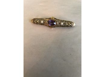 Antique 14KT Genuine Amethyst And Pearl Pin