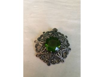 Large Vintage Sterling  Green Stone And Marchasite Pendant