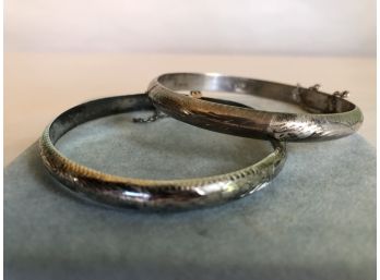 2 Sterling Hinged Bangle Etched Bracelets