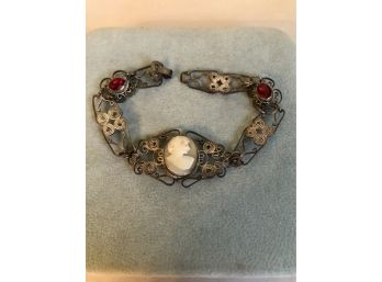 Vintage Shell Cameo And Red Stone Filigree 6' Bracelet