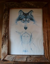 Bushfink Native American Wolf & Dragonfly Print In A Great Rustic Wood Frame