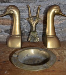 Brass Duck Head Bookends, Ashtray & Bull Boot Pull