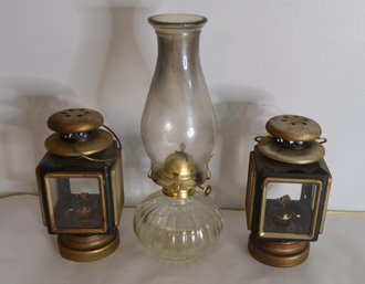 Two Metal And One Glass Oil Lamps