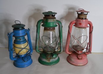 Three Assorted Oil Lamps Red Green & Blue
