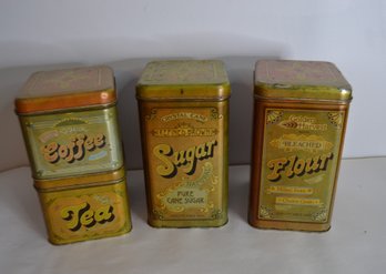 Vintage Tins Crystal Cane Sugar, New Dawn Coffee, Amber Blend Tea And Golden Harvest Flour