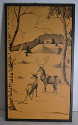 Hand Painted Pen & Ink Deer In Front Of The Cottage