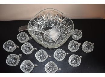 Crystal Punch Bowl With 12 Hooks & Cups Plus Plastic Ladle For Serving In Mint Condition