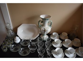 Pizzato Serving Platter, Iridescent Green & White Vase, 8 Tea Cups & Saucers, And More