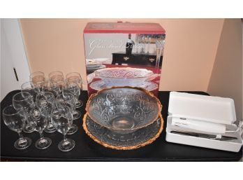 Gold Trimmed Glass Bowl And Platter, One Dozen Wine/Water Glasses, Toastmaster Electric Carving Knife