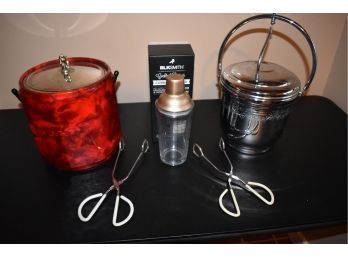 Bar Collection With Two Ice Buckets With Ice Tongs And Blksmith Cocktail Shaker