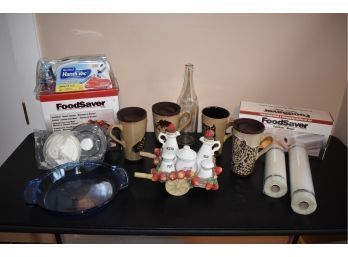Housewares Assortment: Food Saver Bags & Container With Lid, Pie Plate, Hand Soap, Glass Bottle & More