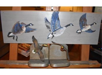 Painted Canada Geese On Wood And Mallard Bookends