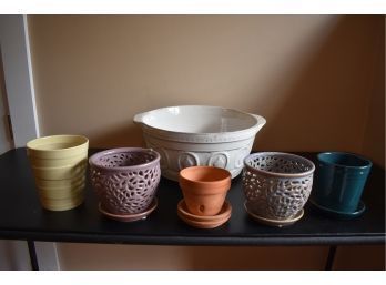 An Assortment Of Colorful Ceramic Garden Pots For Flowers/Herbs And One Pair Of Medium-Sized Garden Gloves
