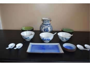 Asian Inspired Collection With Sushi Platter, Soup Bowls, Spoons, & Vase