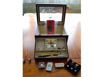 Assortment Of Tie Tacks, Cross Pens, Jewelry Box & Other Items