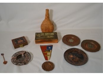 Chile Or Bust! - Assortment Of Chilean Goods - Leather Adorned Bottle, Copper Plates And Wood Items