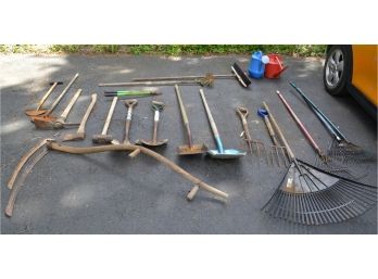 Mega Assortment Of Tools - Rakes, Shovels, Vintage Scythe & More