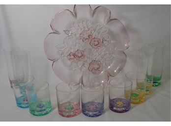 Colored Glassware - 4 Tall 6 Low Glasses & Platter