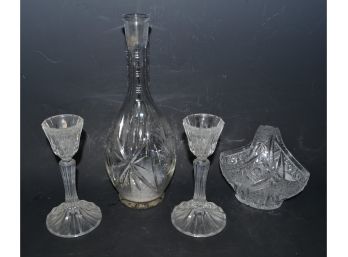 Four Glass Items - Candlesticks, Basket And Vase