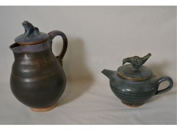 Cute Critter Adorned Signed Hand Thrown Stoneware Pottery - Tea Pot And Pitcher