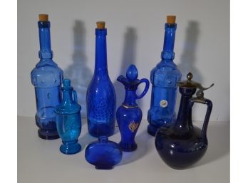 Sarreguemines Ceramic Pitcher Bottle With Lid & Lot Of Blue Glass Bottles