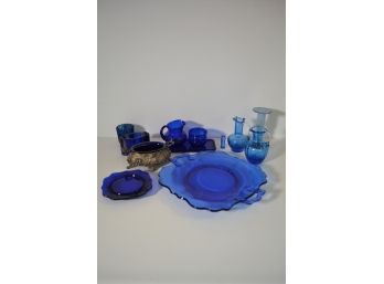 Blue Glass Assortment Serving Plate Sugar Creamer & Others