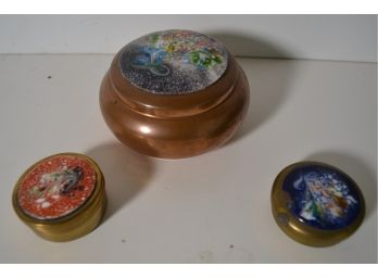 Two Brass & One Copper Enameled Boxes