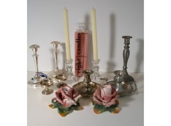 Assortment Of Candlesticks Some Silver Plate, Ceramic Roses & Candles