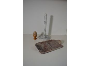 Stone Tray, Paper Towel Holder & Egg On Wooden Stand