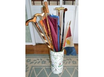 Great Assortment Of Canes, An Umbrella & Ceramic Holder