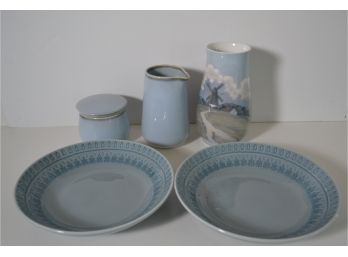 Assorted Sky-blue Items - Low Bowls, Vase & Creamer/sugar... Portugal, B&G Denmark & Madison & Co.
