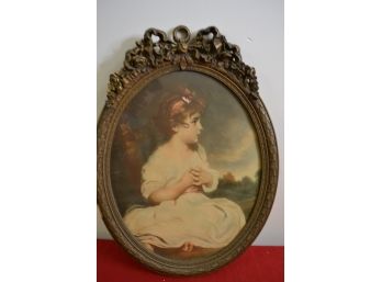 Vintage Oval Molded Frame Print Of Young Girl.