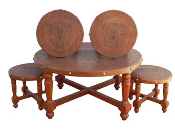 Stunning Handmade Tooled Leather Low Table, Coffee Table With 4 Matching Stools - Lima Peru Cesar Sotomayor