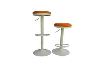 Pair Of Barstools, Adjustable Orange And White Mid- Century Modern Looking - Adjust Up/down, Bar Stools
