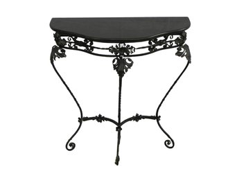 Floral Draped French Wrought Iron Demilune Console Table Marble Granite Top - Reproduction 27.5 X 11.75 X 29.5
