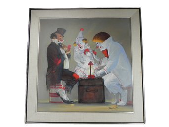 'poker Game' By Robert Owen, Polk County Missouri, Clowns Playing Cards,  Oil On Canvas, Approx 36x36