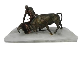 Bronze Bull Fighter, Mexican, Artemetialica ?  Toro, On Marble, Spanish, Mexico, Picador, Banderilla, Matador