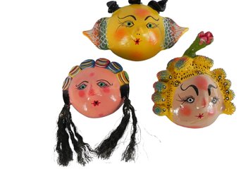Mexican Folkart Clay Coconut Heads Masks - Set Of 3 - Folk Art - Mexico - Hand Painted And Decorated.