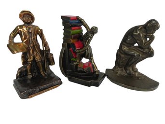 3 Vintage Bookends, Rodin 'thinker', 'town Crier', Librarian, Bookeeper Or Researcher ?