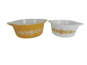 2 Pyrex Casserole Dishes, Butterfly Gold, Butterfly White, Mid Century, Vintage
