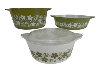 3 Pyrex Casserole Dishes, Green Spring Blossom, White Spring Blossom, 1 Clear Lid, Vintage, Mid-century, Lucy