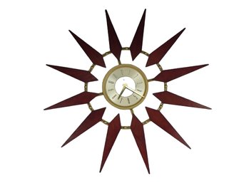 Starburst Wall Clock, Gold & Walnut, Retro Mid-century Modern Look, Sunburst, Satellite, 30 Inches Across