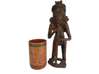 Reproduction, Remojadas-style Figure, Standing Warrior, Mexican Mayan, Aztec Red Pottery Vessel, Vase